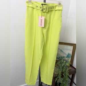 MISSGUIDED Lime Green Cigarette Pants|High waisted Belted Trousers|Size 2 US
